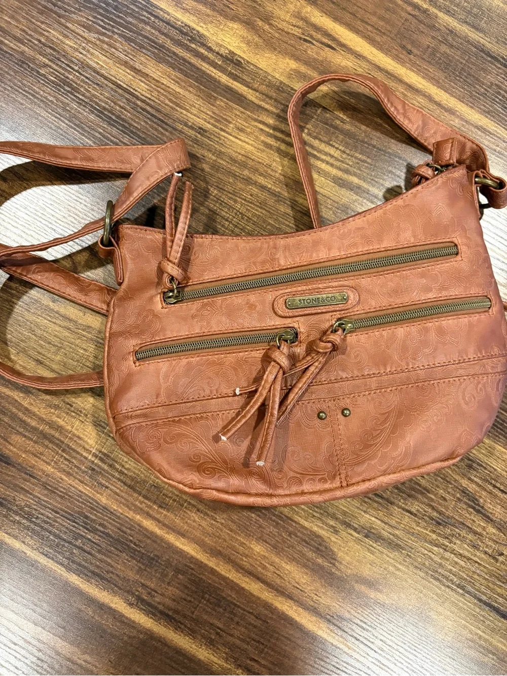 Stone & Co. Tan Embossed Shoulder Crossbody Bag with Tassels